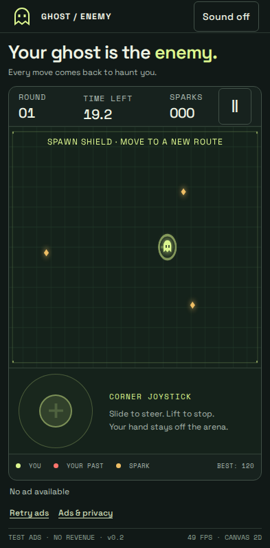 Ghost Enemy Android test gameplay with the clear joystick below the arena.